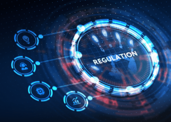 A digital representation of a high-tech interface with a circular element in the center labeled "REGULATION". Surrounding icons, connected to the circle, represent various regulatory aspects such as safety, user profiles, technology, and analytics. The dark background enhances its futuristic design and hints at AI regulation. | GRAMHIR