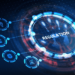 A digital representation of a high-tech interface with a circular element in the center labeled "REGULATION". Surrounding icons, connected to the circle, represent various regulatory aspects such as safety, user profiles, technology, and analytics. The dark background enhances its futuristic design and hints at AI regulation. | GRAMHIR