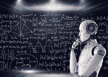 A humanoid robot stands in front of a blackboard filled with complex mathematical equations and diagrams. The robot, representing AI in Science, is touching its chin, appearing thoughtful or contemplative under the bright lights of a futuristic room. | GRAMHIR