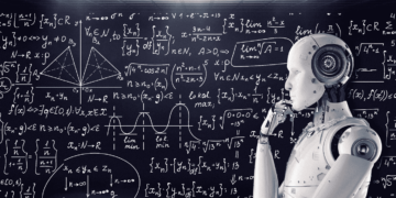 A humanoid robot stands in front of a blackboard filled with complex mathematical equations and diagrams. The robot, representing AI in Science, is touching its chin, appearing thoughtful or contemplative under the bright lights of a futuristic room. | GRAMHIR