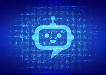 A digital illustration of one of the best AI chatbots. The chatbot has a smiling face, antennae on its head, and a speech bubble shape encompassing its body. The background features a blue matrix-style pattern filled with small, light-blue squares. | GRAMHIR