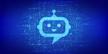 A digital illustration of one of the best AI chatbots. The chatbot has a smiling face, antennae on its head, and a speech bubble shape encompassing its body. The background features a blue matrix-style pattern filled with small, light-blue squares. | GRAMHIR