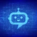 A digital illustration of one of the best AI chatbots. The chatbot has a smiling face, antennae on its head, and a speech bubble shape encompassing its body. The background features a blue matrix-style pattern filled with small, light-blue squares. | GRAMHIR