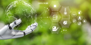 A robotic hand holds a transparent globe, with various icons and data points radiating from it, including GPS, temperature, PH scale, and agricultural symbols. The background features a blurred green nature setting, seamlessly blending Climate AI technology with the environment. | GRAMHIR