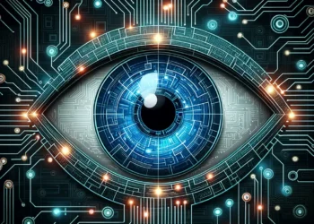 A digital illustration of a blue and teal eye, resembling a human eye, surrounded by intricate circuit patterns and glowing points of light. The image represents the interface between human vision, technology, and an AI detector, symbolizing advanced tech or artificial intelligence. | GRAMHIR