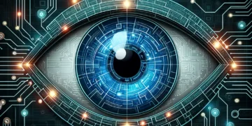 A digital illustration of a blue and teal eye, resembling a human eye, surrounded by intricate circuit patterns and glowing points of light. The image represents the interface between human vision, technology, and an AI detector, symbolizing advanced tech or artificial intelligence. | GRAMHIR