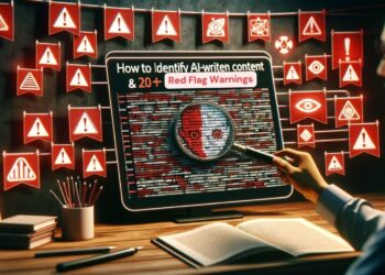 A person holding a magnifying glass examines a computer screen displaying the text "How to Identify AI-written content & 20+ Red Flag Warnings." The background features numerous AI Red Flags pinned to a wall. The setting appears to be a study or office. | GRAMHIR