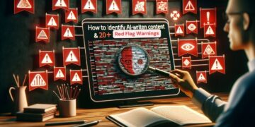 A person holding a magnifying glass examines a computer screen displaying the text "How to Identify AI-written content & 20+ Red Flag Warnings." The background features numerous AI Red Flags pinned to a wall. The setting appears to be a study or office. | GRAMHIR