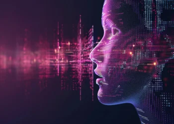 A side profile of a digital human face composed of pink lines and dots. The face appears to be interacting with or analyzing a complex network of data, possibly from an AI voice generator, represented by glowing lines and particles extending from the center of the image. The background is dark. | GRAMHIR