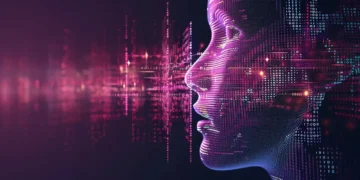 A side profile of a digital human face composed of pink lines and dots. The face appears to be interacting with or analyzing a complex network of data, possibly from an AI voice generator, represented by glowing lines and particles extending from the center of the image. The background is dark. | GRAMHIR