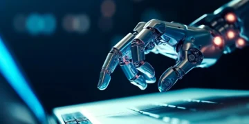 A robotic hand with intricate metallic details reaches out to touch the keyboard of a laptop, emitting a soft glow in a dimly lit environment. The scene evokes a sense of futuristic technology and artificial intelligence, reminiscent of the advancements driving AI stocks today. | GRAMHIR