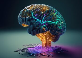 A digital illustration of a brain made up of interconnected circuits and glowing lights, symbolizing artificial intelligence and technology. The brain, created through generative AI, appears rooted into a substrate with intricate pathways, emitting vibrant colors such as blue, green, and purple. | GRAMHIR