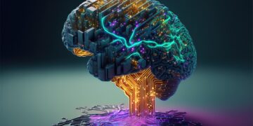 A digital illustration of a brain made up of interconnected circuits and glowing lights, symbolizing artificial intelligence and technology. The brain, created through generative AI, appears rooted into a substrate with intricate pathways, emitting vibrant colors such as blue, green, and purple. | GRAMHIR