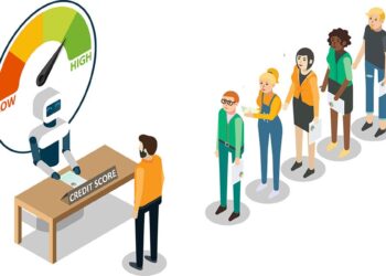 Isometric illustration of a robot at a desk labeled "Credit Score" with a gauge labeled "Low" to "High." A line of diverse individuals holds papers, waiting in front of the desk. The robot is reviewing or processing their credit scores. | GRAMHIR