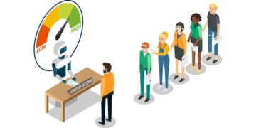 Isometric illustration of a robot at a desk labeled "Credit Score" with a gauge labeled "Low" to "High." A line of diverse individuals holds papers, waiting in front of the desk. The robot is reviewing or processing their credit scores. | GRAMHIR