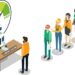 Isometric illustration of a robot at a desk labeled "Credit Score" with a gauge labeled "Low" to "High." A line of diverse individuals holds papers, waiting in front of the desk. The robot is reviewing or processing their credit scores. | GRAMHIR