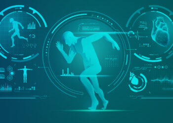 Digital illustration of a human figure in a running pose, surrounded by futuristic, holographic-style fitness and health data, including heart rate, anatomical charts, and various graphs. The theme suggests advanced biomedical technology and AI in Sports analytics. | GRAMHIR