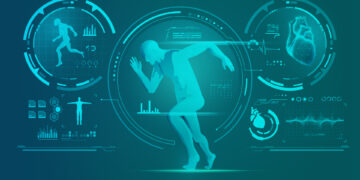 Digital illustration of a human figure in a running pose, surrounded by futuristic, holographic-style fitness and health data, including heart rate, anatomical charts, and various graphs. The theme suggests advanced biomedical technology and AI in Sports analytics. | GRAMHIR