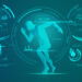 Digital illustration of a human figure in a running pose, surrounded by futuristic, holographic-style fitness and health data, including heart rate, anatomical charts, and various graphs. The theme suggests advanced biomedical technology and AI in Sports analytics. | GRAMHIR