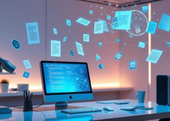 Understanding the Evolution of AI Writing Tools - A modern workspace with a computer on a desk. The screen displays digital graphics and abstract elements, symbolizing data flow and connectivity. A sleek desk lamp, mugs, and office supplies complement the futuristic setting. | GRAMHIR