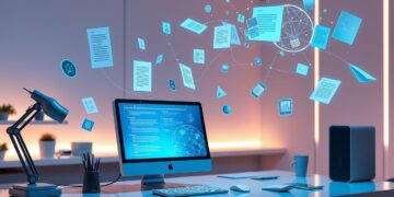 Understanding the Evolution of AI Writing Tools - A modern workspace with a computer on a desk. The screen displays digital graphics and abstract elements, symbolizing data flow and connectivity. A sleek desk lamp, mugs, and office supplies complement the futuristic setting. | GRAMHIR