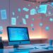 Understanding the Evolution of AI Writing Tools - A modern workspace with a computer on a desk. The screen displays digital graphics and abstract elements, symbolizing data flow and connectivity. A sleek desk lamp, mugs, and office supplies complement the futuristic setting. | GRAMHIR