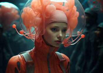 A person in a futuristic orange outfit with a jellyfish-like helmet stands in focus, embodying the essence of Artificial Intelligence in Art. The transparent helmet features orange tentacle-like designs, while several figures in dark outfits appear blurred in the background. | GRAMHIR