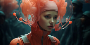 A person in a futuristic orange outfit with a jellyfish-like helmet stands in focus, embodying the essence of Artificial Intelligence in Art. The transparent helmet features orange tentacle-like designs, while several figures in dark outfits appear blurred in the background. | GRAMHIR