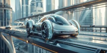 A sleek, futuristic car with glowing wheels races on an elevated road against a backdrop of modern skyscrapers. The cityscape features curved and geometric buildings, with a clear sky overhead, highlighting advanced technology and the role of artificial intelligence in urban innovation. | GRAMHIR