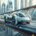 A sleek, futuristic car with glowing wheels races on an elevated road against a backdrop of modern skyscrapers. The cityscape features curved and geometric buildings, with a clear sky overhead, highlighting advanced technology and the role of artificial intelligence in urban innovation. | GRAMHIR