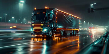A black semi-truck adorned with bright orange lights drives swiftly on a wet road at night, transporting freight efficiently. The street glistens with rain reflections, and blurred lights suggest a city setting. The scene conveys speed and urban activity. | GRAMHIR