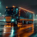 A black semi-truck adorned with bright orange lights drives swiftly on a wet road at night, transporting freight efficiently. The street glistens with rain reflections, and blurred lights suggest a city setting. The scene conveys speed and urban activity. | GRAMHIR