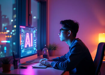 A fintech developer works on a computer displaying "AI" in bold letters. The room glows with dim purple and blue lighting, while a cityscape twinkles through the window. A plant, lamp, and notepad adorn the desk, setting the scene for innovation and technology-driven solutions. | GRAMHIR