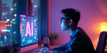 A fintech developer works on a computer displaying "AI" in bold letters. The room glows with dim purple and blue lighting, while a cityscape twinkles through the window. A plant, lamp, and notepad adorn the desk, setting the scene for innovation and technology-driven solutions. | GRAMHIR