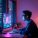 A fintech developer works on a computer displaying "AI" in bold letters. The room glows with dim purple and blue lighting, while a cityscape twinkles through the window. A plant, lamp, and notepad adorn the desk, setting the scene for innovation and technology-driven solutions. | GRAMHIR