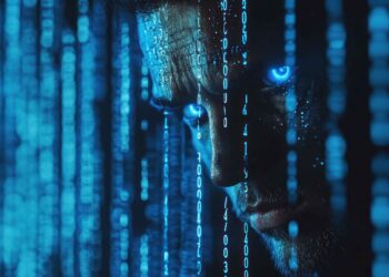 A close-up of a person's face partially obscured by streams of glowing blue binary code, evoking the world of DeepSeek. Their intense eyes emit a bright blue light, enhancing the futuristic, digital impression reminiscent of ChatGPT's cybernetic realm. The scene is shrouded in dark mystery. | GRAMHIR