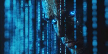 A close-up of a person's face partially obscured by streams of glowing blue binary code, evoking the world of DeepSeek. Their intense eyes emit a bright blue light, enhancing the futuristic, digital impression reminiscent of ChatGPT's cybernetic realm. The scene is shrouded in dark mystery. | GRAMHIR
