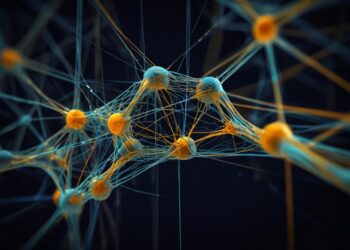 Abstract visualization of a neural network with interconnected web-like structures in blue and orange, set against a dark background, resembling synapses or networked nodes. | GRAMHIR
