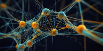 Abstract visualization of a neural network with interconnected web-like structures in blue and orange, set against a dark background, resembling synapses or networked nodes. | GRAMHIR