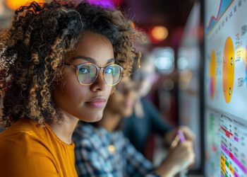 A person with glasses and curly hair is intently looking at a board filled with colorful charts and graphs. They are wearing a yellow shirt. Another person in the background is pointing at the board. The setting appears to be a modern office or study area. | GRAMHIR