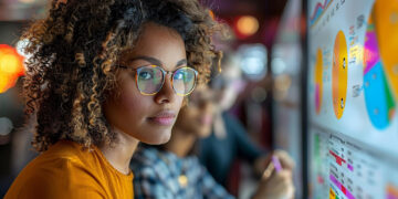 A person with glasses and curly hair is intently looking at a board filled with colorful charts and graphs. They are wearing a yellow shirt. Another person in the background is pointing at the board. The setting appears to be a modern office or study area. | GRAMHIR