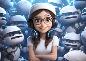 A Janitor AI generated girl with glasses, wearing headphones and a white cap, smiles with arms crossed. She stands in front of a crowd of small, white robots with various facial expressions. The scene has a playful and futuristic vibe. | GRAMHIR