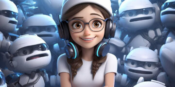 A Janitor AI generated girl with glasses, wearing headphones and a white cap, smiles with arms crossed. She stands in front of a crowd of small, white robots with various facial expressions. The scene has a playful and futuristic vibe. | GRAMHIR