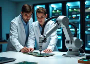 Two Gramhir AI experts in lab coats collaborate with a robotic arm on circuit boards in a high-tech lab. Server racks with glowing lights illuminate the background, creating a modern and technologically advanced setting. | GRAMHIR