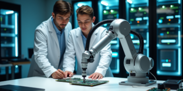 Two Gramhir AI experts in lab coats collaborate with a robotic arm on circuit boards in a high-tech lab. Server racks with glowing lights illuminate the background, creating a modern and technologically advanced setting. | GRAMHIR