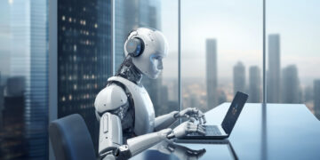 A humanoid robot, emblematic of how AI is changing the job market, sits at a desk typing on a laptop. Through large windows, a futuristic cityscape unfolds. With headphones on, the scene captures a modern technological atmosphere. | GRAMHIR