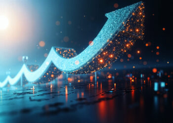 A glowing, upward-pointing arrow made of sparkling lights rises above a dark, illuminated cityscape, symbolizing how AI will shape global economic growth with a futuristic, digital aesthetic. | GRAMHIR