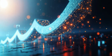 A glowing, upward-pointing arrow made of sparkling lights rises above a dark, illuminated cityscape, symbolizing how AI will shape global economic growth with a futuristic, digital aesthetic. | GRAMHIR