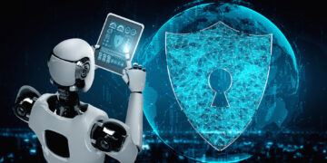 A robot holding a tablet stands in front of a digital shield with a keyhole, symbolizing cybersecurity, with a glowing digital globe in the background. | GRAMHIR
