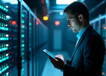 A man in a suit stands in a dimly lit server room, looking at a tablet device, surrounded by rows of illuminated computer servers. | GRAMHIR